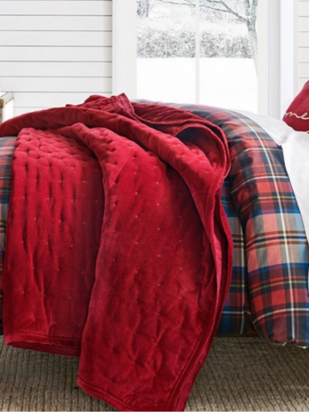 Pottery Barn Ruby Red Pick Stitch Velvet Holiday Christmas Quilt